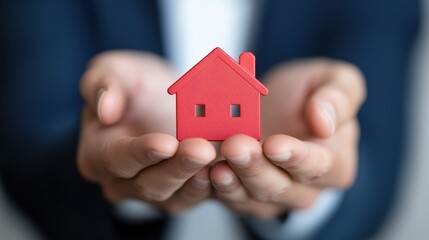 Real estate agent presenting a home model in hands, symbolizing guidance for potential home buyers in a virtual educational webinar context.