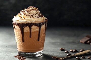 Creamy dessert topped with chocolate drizzle and whipped cream,