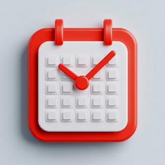 3d calendar icon with a clock featuring, red clock isolated on white. Transparent Background, PNG
