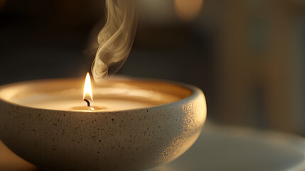 Illuminated wax candle with flickering flame emitting smoke in a light-colored container.