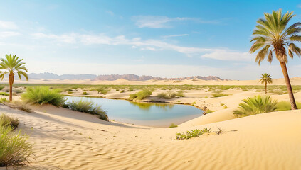 A serene desert oasis scene ,features a small cluster of lush green palm trees and vegetation situated on a sandy island surrounded by calm, reflective water