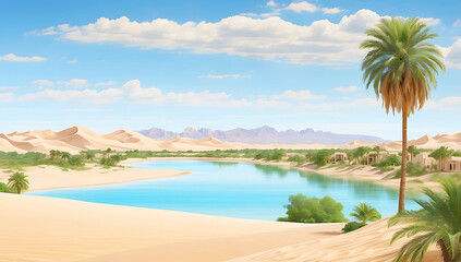 A serene desert oasis scene ,features a small cluster of lush green palm trees and vegetation situated on a sandy island surrounded by calm, reflective water