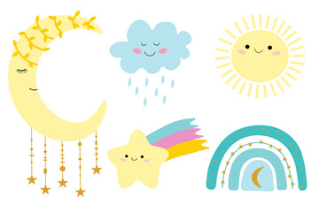 Cute collection of cartoon characters: sun, moon, stars, clouds, rainbow. Environment. Average set. Bright colors: yellow, pink, blue. Cheerful mood. All  characters are smiling sweetly.