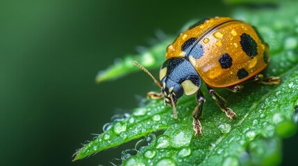 Fototapeta premium Close-Up of Vibrant Orange Beetle Resting on Green Leaf Surface