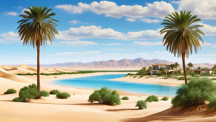 A serene desert oasis scene ,features a small cluster of lush green palm trees and vegetation situated on a sandy island surrounded by calm, reflective water
