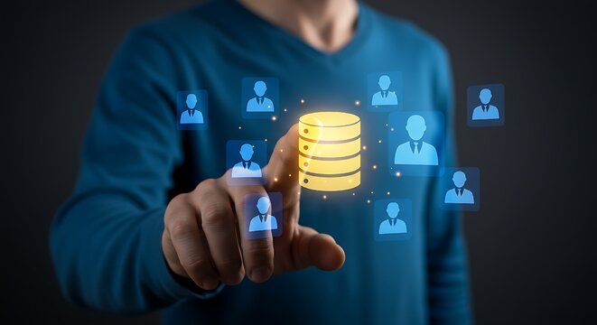 glowing Businessman touching real time database icon surrounded by user profile illustrations, symbolizing the future of digital data management and user interaction
