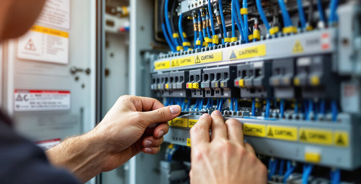 Technician working on an industrial electrical cabinet with circuit breakers and blue wires, close-up photo, indoor background, concept of future technology. Ai generative