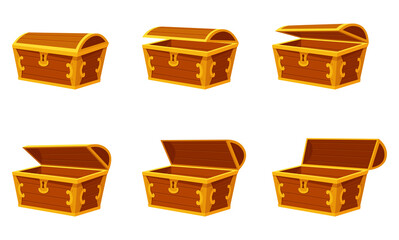 Chest animation. Game wooden antique box. Empty old wooden chest for gold treasure. Cartoon ancient container for pirates isolated icon on white