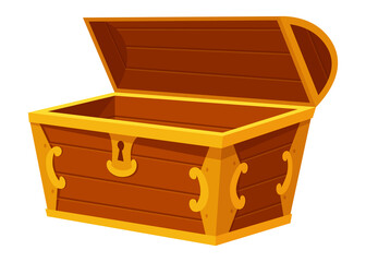 Chest. Game wooden antique box. Empty old wooden chest for gold treasure. Cartoon ancient container for pirates isolated icon on white