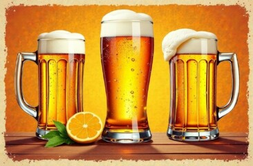 A sthree glass of a beer poster in a vintage style with granny textures  Vector illustration