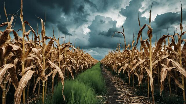 A cornfield parched by an extended drought, presenting a vivid contrast between desiccated leaves and a cloudy sky. A desiccated cornfield, a quiet observer of the impact of transformation.