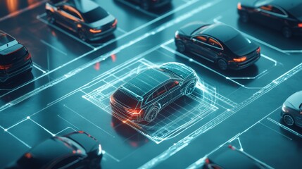 Naklejka premium A digital 3D render showcasing a network of autonomous vehicles in a neon-lit parking lot, emphasizing technological innovation and self-driving car systems.. AI Generation