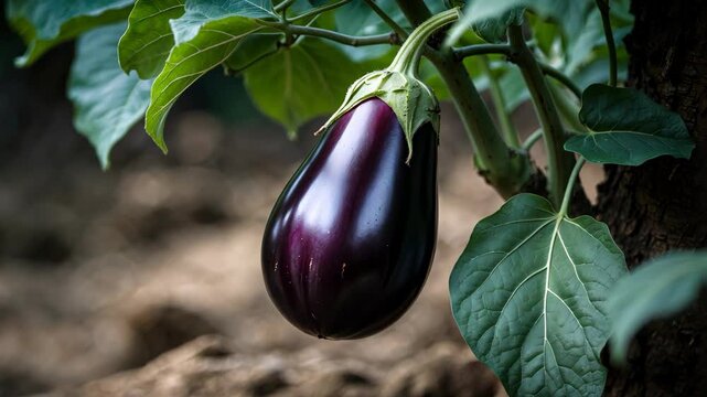 Eggplant, aubergine, brinjal, or baigan growing on the plant. Commonly utilized as a vegetable in culinary practices.