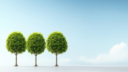 pm 2.5 particles impact concept. Three stylized trees against a clear blue sky.