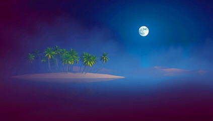A serene desert oasis scene ,features a small cluster of lush green palm trees and vegetation situated on a sandy island surrounded by calm, reflective water