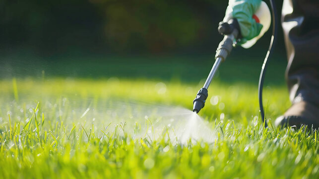 spraying pesticide with portable sprayer to eradicate garden weeds in the lawn. weedicide spray on the weeds in the garden. Pesticide use is hazardous to health. Weed control concept.