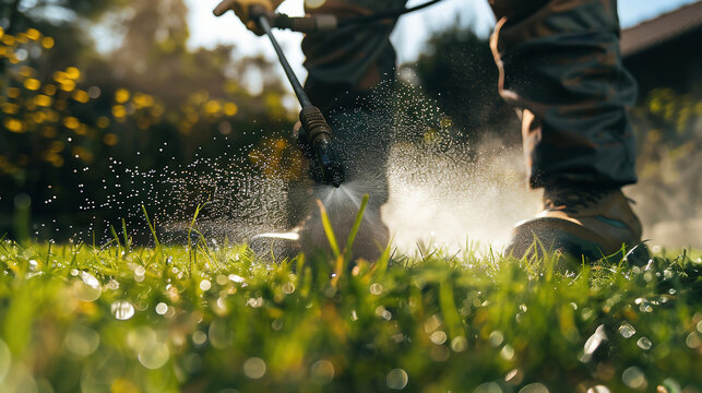 spraying pesticide with portable sprayer to eradicate garden weeds in the lawn. weedicide spray on the weeds in the garden. Pesticide use is hazardous to health. Weed control concept.