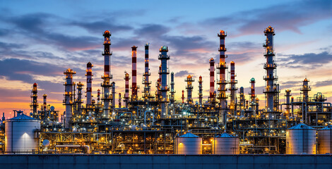 Fototapeta premium Large illuminated oil refinery with pipes and chimneys, colorful industrial style, sunset sky background, concept of future energy and technology, Ai generative
