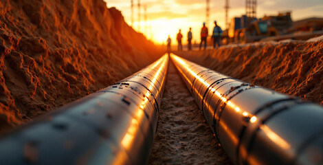 Shiny metallic pipelines laid underground at a construction site with workers silhouetted at sunset, showing industrial technology for future energy systems. Ai generative