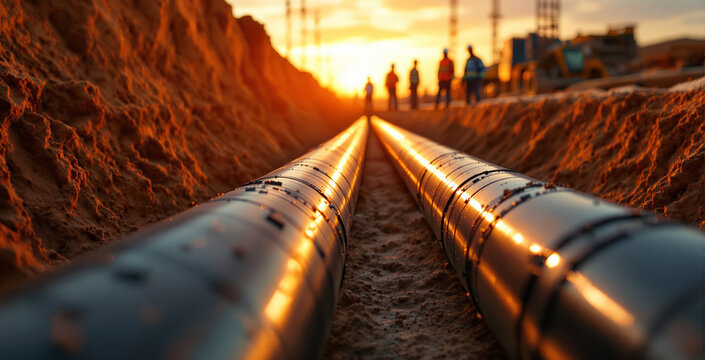 Shiny metallic pipelines laid underground at a construction site with workers silhouetted at sunset, showing industrial technology for future energy systems. Ai generative