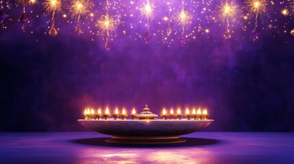 Banner design for diwali festival and podium,Diwali light decoration candle with fireworks,Stage,Product display Showcase design sparkle background,Deepavali,Dipavali,3D podium illustration.