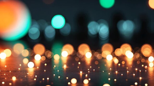 A hazy image of shimmering lights, producing a bokeh effect on a black backdrop. The lights primarily appear white and orange, with some traces of green and blue.