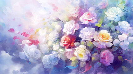 Fototapeta premium Soft pastel roses bloom in vibrant art showcasing delicate floral beauty and gentle hues