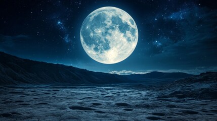 Fototapeta premium A full moon shines brightly over a barren, rocky landscape under a vast starry sky. The cold, distant environment conveys a mysterious, otherworldly feel, perfect for sci-fi or fantasy settings.. AI