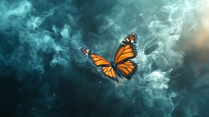 Obraz premium A vibrant monarch butterfly is set against a mystical background of swirling smoke and soft light. The contrasting colors of the orange wings and deep blue smoke create a dreamy and ethereal