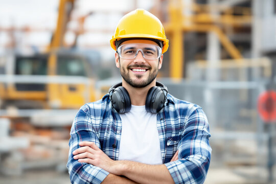 Young male construction worker smiling confidently, wearing hard hat, safety glasses, headphones, flannel shirt at busy construction site. Ai generative