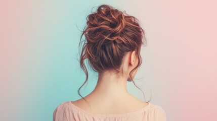 Woman with messy wavy hair tied in a loose bun, seen from behind