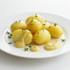 A plate of tender boiled baby potatoes garnished with fresh thyme and served with a creamy mustard sauce on a white dish.
