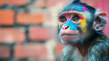 A close-up portrait of a monkey with bright, colorful face paint, set against a rustic brick wall. The detailed facial expression and unique face paint make this a captivating and artistic wildlife