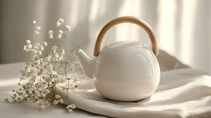 Elegantly styled white teapot with a wooden handle paired with delicate white flowers on a linen cloth.