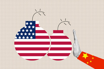 Sketch image trend artwork montage 3D photo collage of american print flag bomb hand gesture stop...