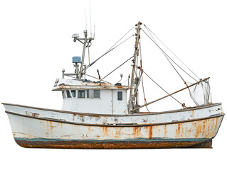 Naklejka premium A fishing boat with nets and equipment, isolated on a white background. transparent PNG