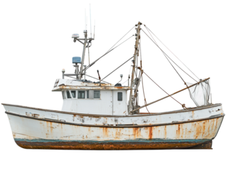 A fishing boat with nets and equipment, isolated on a white background. transparent PNG