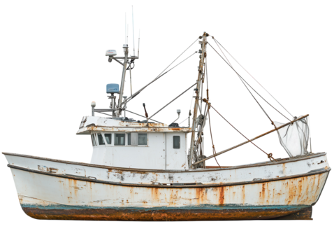 A fishing boat with nets and equipment, isolated on a white background. transparent PNG