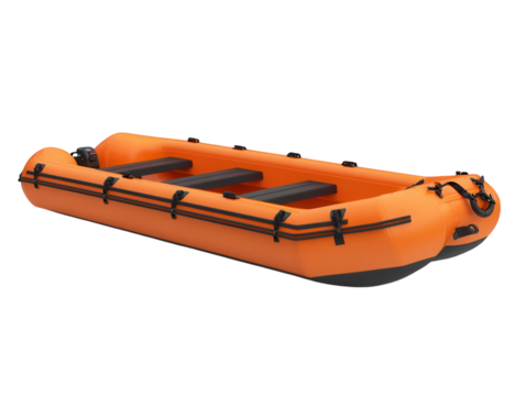 A bright orange lifeboat with safety equipment, isolated on a white background. transparent PNG