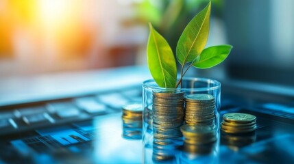 A sustainability-themed image featuring a glass jar filled with coins and a growing plant, symbolizing eco-friendly investments, financial growth, and environmental consciousness. Ideal for finance