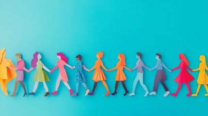 A row of intricately detailed paper cut-out people holding hands, each dressed in different styles, showcasing diversity in fashion and individuality. Set against a vibrant blue background, the image