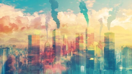 Obraz premium A dynamic scene showing smoke stacks emitting pollution over a vibrant city skyline. The contrast between the colorful hues and the dark smoke highlights the theme of environmental impact and urban