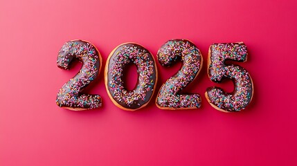 A playful depiction of the year 2025 represented by donuts with chocolate icing and rainbow sprinkles, set on a light pink background. Perfect for festive and creative projects.. AI Generation