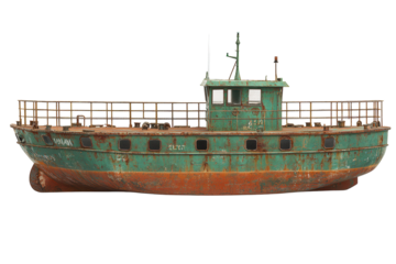 A commercial vessel receiving supplies at a dock, isolated on a white background. transparent PNG