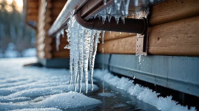 Frozen water in a downspout. Plastic gutter, roof drainage system gutter containing ice and frozen water within the pipe close to the house foundation during winter.