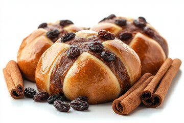 Hot cross bun raisins spices, Traditional, Delicious freshly baked pastries with cinnamon and raisins served elegantly on a white background.