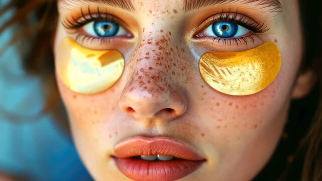 A close-up portrait of a woman with striking blue eyes and freckles wearing golden eye patches.
Concept of: Detailed beauty.
