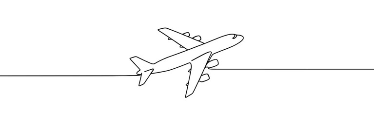 Airplane continuous one line drawing. Plane sign in simple linear style. Vector illustration.