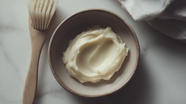 Creamy lotion with brush on marble: beauty and skincare essentials for a soothing spa experience.