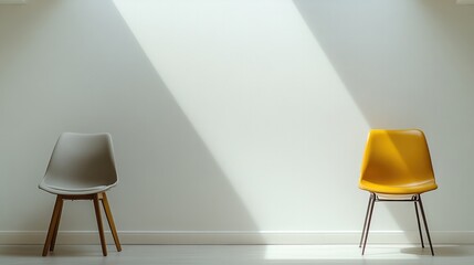 Minimalist design featuring contrasting chairs, soft light creat